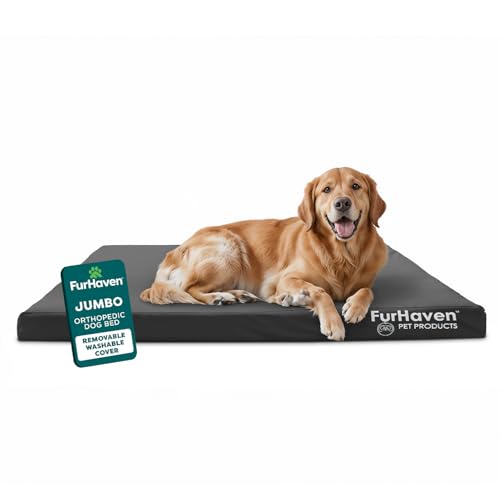 Furhaven Water-Resistant Orthopedic Dog Bed for Large Dogs w/ Removable Washable Cover, For Dogs Up to 95 lbs - Indoor/Outdoor Logo Print Oxford Polycanvas Mattress - Stone Gray, Jumbo/XL - color: Water-Resistant Logo Print (Stone Gray), size: Jumbo