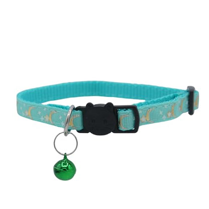 Set of 2: KioKatt Celestial Nylon Cat Collars with Matching Bells – Adjustable Breakaway Safety Collars for Adult Cats, 7–11" (Green + Blue) - color: Green + Blue