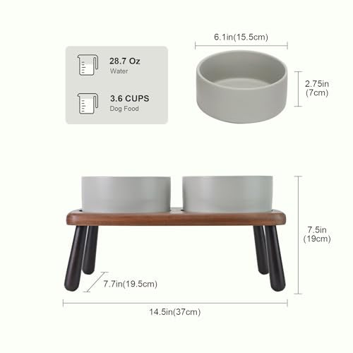 SPUNKYJUNKY Ceramic Elevated Dog Bowls Raised with Acacia Bamboo Wooden Stand, 6.1'' Dog and Cat Food Water Bowls Set Non-Slip for Small Medium Sized Breed Microwave Dishwasher Safe - 28.7 OZ,Grey - color: Grey, size: 6.1 in - Dual