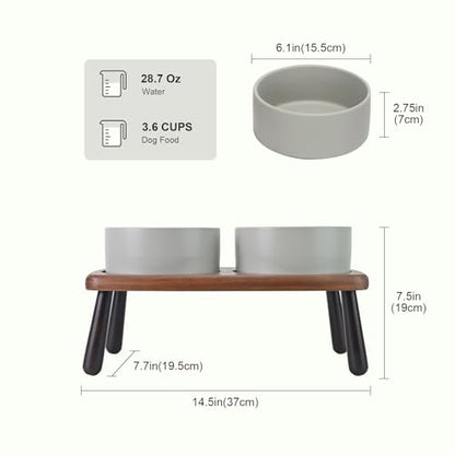 SPUNKYJUNKY Ceramic Elevated Dog Bowls Raised with Acacia Bamboo Wooden Stand, 6.1'' Dog and Cat Food Water Bowls Set Non-Slip for Small Medium Sized Breed Microwave Dishwasher Safe - 28.7 OZ,Grey - color: Grey, size: 6.1 in - Dual