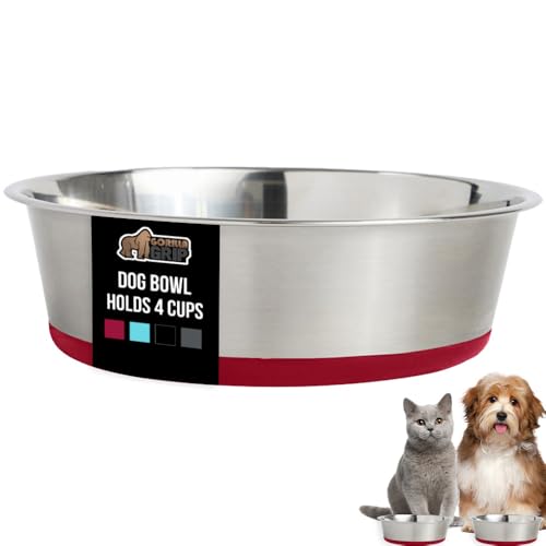 GORILLA GRIP Dog Bowl, Holds 4 Cups (32 fl oz), Food Grade 304 Stainless Steel Food and Water Bowl for Feeding Dogs and Cats, BPA Free Rubber Base, Easy Clean, Dishwasher Safe, Rust Resistant, Red - color: Red, size: 4 Cup (32 Oz)