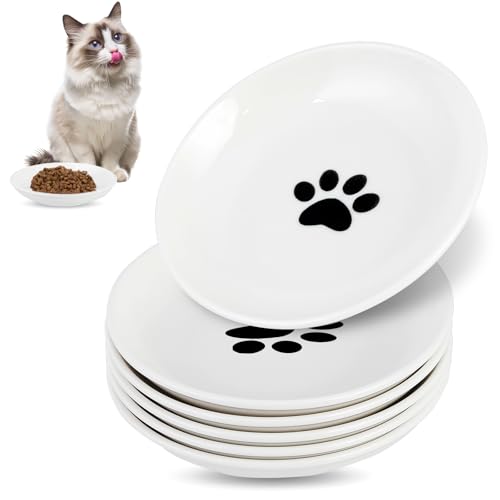 6 Pack Cat Food Bowl, Ceramic Cat Bowls, Anti Whisker Fatigue Cats Bowl Set,5.5 Inches Shallow Wide Kitten Plates for Food and Water (White-E) - color: White-E
