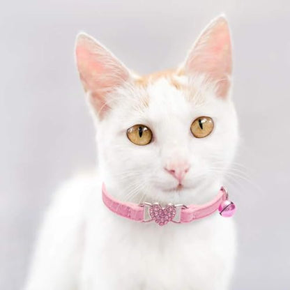 BINGPET Cat Collar Breakaway with Bell, Pack of 2 Heart Bling Collar Safety with Soft Velvet Adjustable for Kittens - color: Heart (Pink + Black)-2pcs