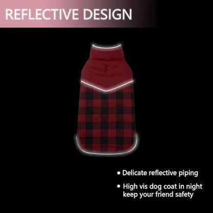 Geyecete Reversible Plaid Dog Winter Coat - Water Resistant, Soft, Warm - Leash Hole - Red - L - color: Red, size: Large