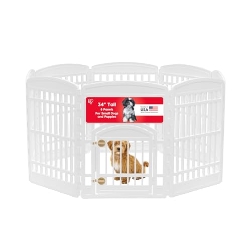 IRIS USA Dog Playpen with Door, 34” 8 Panel Pet Exercise Pen – Indoor Outdoor Puppy Play Pen, Portable Plastic Pet Fence for Small Medium Dogs, Foldable 63” x 63” x 34”, White - color: White, size: 8 Panel - 34" H