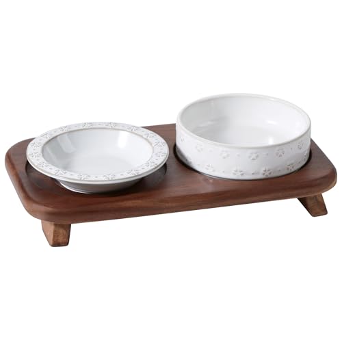 Havniva Cat Food Bowl, 6.1" Raised Cat Bowls with Acacia Wood Stand, Elevated Cat Dishes Ceramic Pet Food & Water Bowl Set, Extra Wide Whisker Friendly Elegant Pet Dish for Kitten, Cats, Puppy - color: 1Bowl+1Dish+Stand- Arctic White