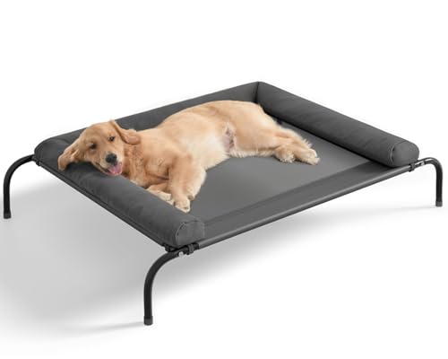 Cooling Elevated Dog Bed for Large Dogs, Portable Indoor & Outdoor Raised Dog Bed with Breathable Mesh, Chew Proof Pet Hammock Cots with Removable and Waterproof Bolsters - color: Grey, size: 48.0"L x 35.0"W x 8.0"Th