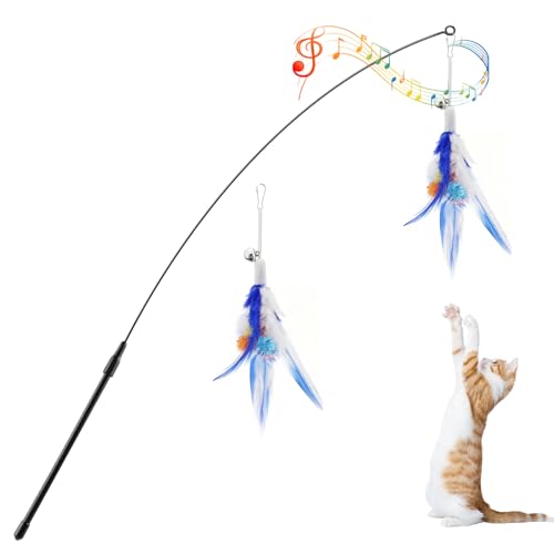 Pawaboo Feather Teaser Cat Toy, Interactive Feather Wand Cats Toy Flying Feathers Cat Catcher with Extra Long 34.5" Wand and Small Bell, Exerciser Playing Toys for Kitten or Cats, Blue - color: Blue
