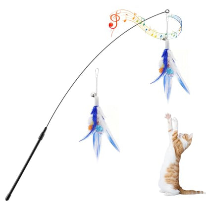Pawaboo Feather Teaser Cat Toy, Interactive Feather Wand Cats Toy Flying Feathers Cat Catcher with Extra Long 34.5" Wand and Small Bell, Exerciser Playing Toys for Kitten or Cats, Blue - color: Blue