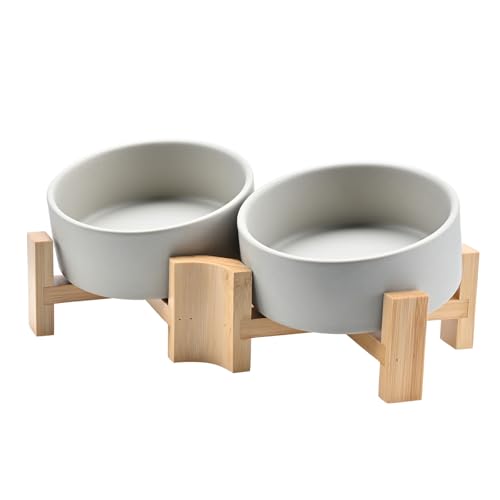 SPUNKYJUNKY 15° Slanted Ceramic Dog Bowl with Elevated Bamboo Stand - Tilted Pet Feeder for French Bulldog Pugs No Slip Anti-Vomiting for Cat Small Dog Flat Face Pets 13.5 OZ (1.7 Cups, Grey × 2) - color: Grey, size: 1.7 CUPS × 2