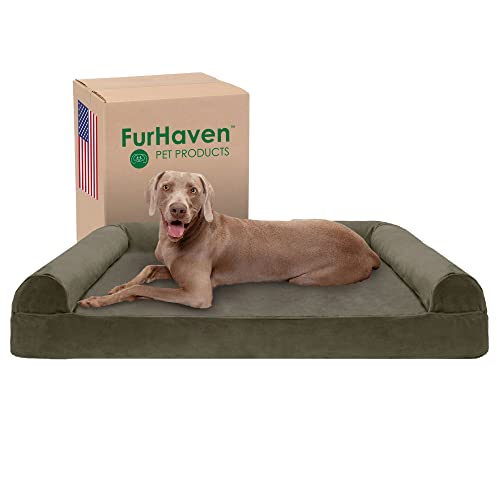 Furhaven Cooling Gel Dog Bed for Large Dogs w/ Removable Bolsters & Washable Cover, For Dogs Up to 125 lbs - Faux Fur & Velvet Sofa - Dark Sage, Jumbo Plus/XXL - color: Dark Sage, size: Jumbo Plus