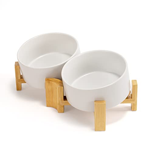 SPUNKYJUNKY 15° Slanted Ceramic Dog Bowl with Elevated Bamboo Stand - Tilted Pet Feeder for French Bulldog Pugs No Slip Anti-Vomiting for Cat Medium Dog Flat Face Pets 28.7 OZ (3.6 Cups, White × 2) - color: White, size: 3.6 CUPS × 2