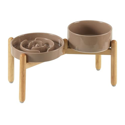 Havniva 7.3” Raised Slow Feeder Dog Bowls Set, 1.2 Cups Ceramic Slow Feeder Dog Bowl and 6.1” Dog Water Bowl with Elevated Wooden Stand Puzzle Dog Food Bowl for Small Dogs Anti-Gulping & Anti-Choking - color: 2 x Brown Coffee+Stand-A, size: 7.3inch