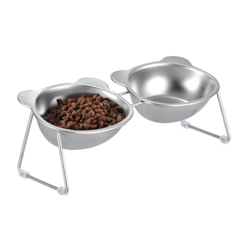 Stainless Elevated cat Bowls 5.9 Inch with Metal Stand Slip Resistant Base 15 Degrees Tilted Raised Pet Dishes Double Bowl Design Food and Water Dish for Cats Kitten Small Dog (Integrated Bowls) - color: Integrated Bowls