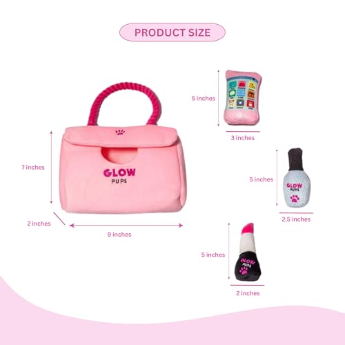 Glow Pups Dog Hide and Seek Purse Toy for Dog, Pink Purse Dog Toys Filled with Squeakers & Crinkle Material, Interactive Plush Lipstick, Dog Phone e & Nail Polish Toys for Small Dogs - Pink/Fuchsia - style: Pink Purse Dog Toy with Lipstick, Cell Phone and