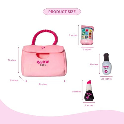 Glow Pups Dog Hide and Seek Purse Toy for Dog, Pink Purse Dog Toys Filled with Squeakers & Crinkle Material, Interactive Plush Lipstick, Dog Phone e & Nail Polish Toys for Small Dogs - Pink/Fuchsia - style: Pink Purse Dog Toy with Lipstick, Cell Phone and