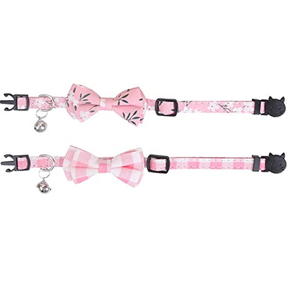 2 Pack/Set Cat Collar Breakaway with Cute Bow Tie and Bell Plaid Flower for Kitty Adjustable Safety - color: Pink-2