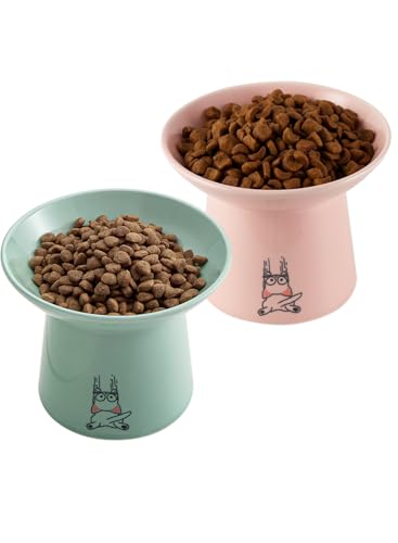 Extra Wide Elevated Ceramic Cat Bowls, 6.5 Inch Raised Pet Bowl Set for Food & Water, Whisker Fatigue Shallow Food Dish for Elder Big Cats Small Dogs, Set of 2, Green & Pink - color: Green & Pink