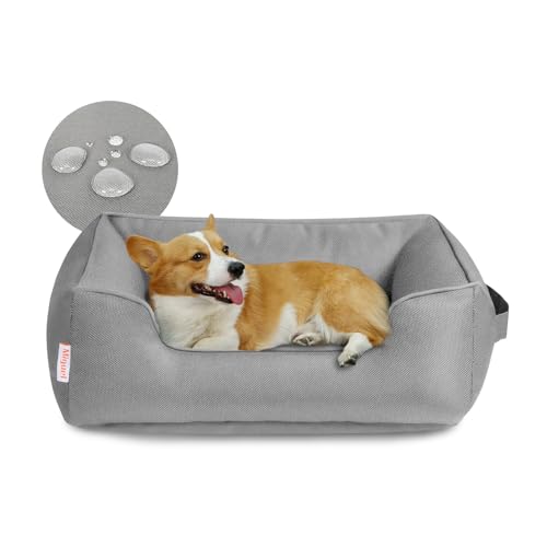 Miguel Waterproof Outdoor Dog Bed for Medium Small Dogs, Oxford Pet Bed Tough with Sides Easy Clean, All Weather Rectangle Puppy Bed with Removable Cover Bolster Bed Scratch Resistant 30 inches - color: Gray - Waterproof Oxford, size: L (30" x 24" x 9")