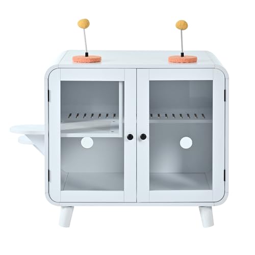 Merax Cat Hidden Litter Box Enclosure with RGB LED Light – Retro TV-Style Cat House Cabinet with Stairs, Pom-Pom Toys, Litter Leak Walkway & Glass Doors for Living Room,Cream - color: Cream