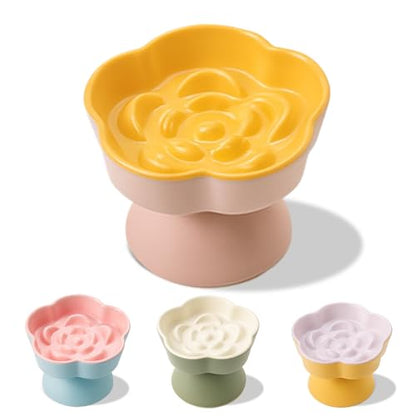 Tilted Cat Bowl, Flower-Shaped Ceramic Slow Feeder Cat Bowl, Raised Pet Bowl for Whisker Relief, Prevents Vomiting & Bloating, Non-Slip Base, Easy to Clean for Dry/Wet Food (Yellow & Beige) - color: Yellow & Beige