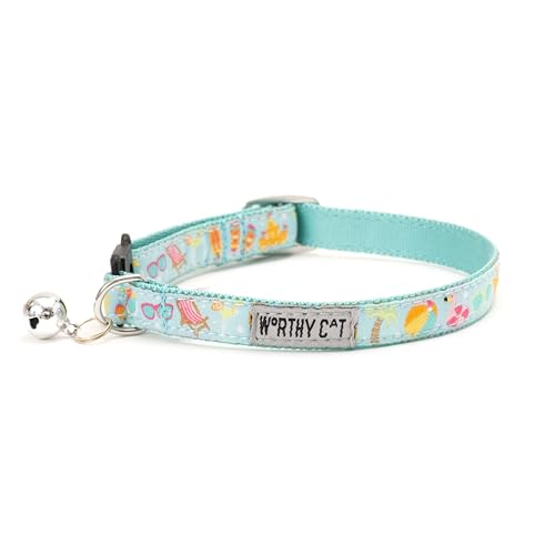 THE WORTHY DOG Life's a Beach Cat Collar with Bell, Adjustable Nylon Safety Collar, Mint Green, One Size - color: Mint Green-Life's a Beach