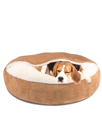 Pet Soft Small Dog Bed Cat Bed with Cover Cave - Round Calming Dog Beds Washable Cuddler Puppy Beds for Small, Medium Dogs and Cats (Khaki, 30") - color: Khaki, size: Large (30"x30"x8")