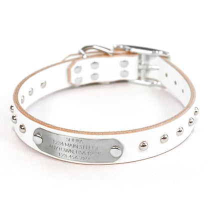 Handmade Studded Bridle Leather Dog Collar, Silver Tone Hardware and Stainless Steel Nameplate (White) - color: White