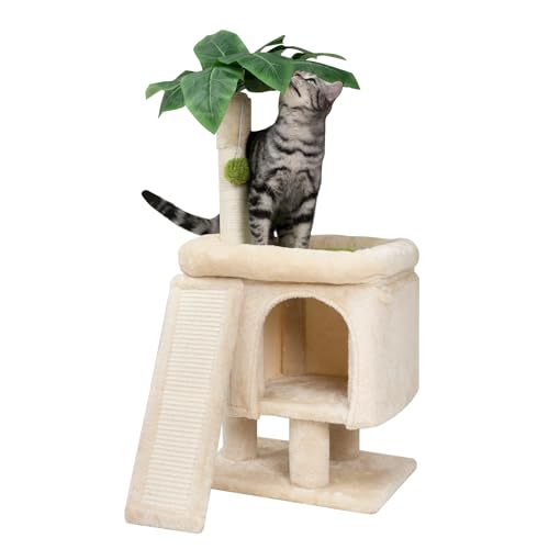 Meowoou Palm Cat Tree Tower for Indoor Cats with Cozy Cat Condo, 33'' Natural Sisal Scratching Posts and Plush Pom-pom for Small Kitty - size: 33 in Cat Tree