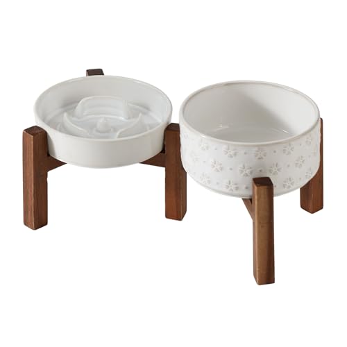 Havniva 0.9 Cup Elevated Slow Feeder Dog Bowls, 6.1” Dog Slow Feeding Bowls + 6.1” Ceramic Dog Water Bowls Set with Acacia Wood Stand, Dog Food Bowls Puzzle Feeder for Small Dogs Non-Slip Anti-choking - color: 2 x White + Stand - A, size: S- 6.1inch / 0.9