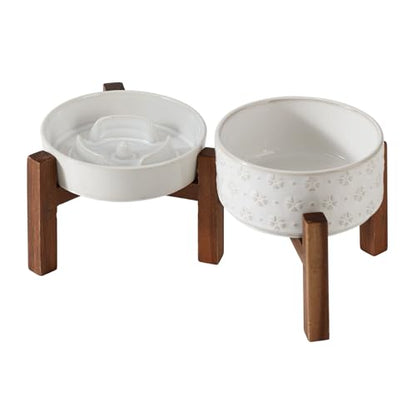 Havniva 0.9 Cup Elevated Slow Feeder Dog Bowls, 6.1” Dog Slow Feeding Bowls + 6.1” Ceramic Dog Water Bowls Set with Acacia Wood Stand, Dog Food Bowls Puzzle Feeder for Small Dogs Non-Slip Anti-choking - color: 2 x White + Stand - A, size: S- 6.1inch / 0.9