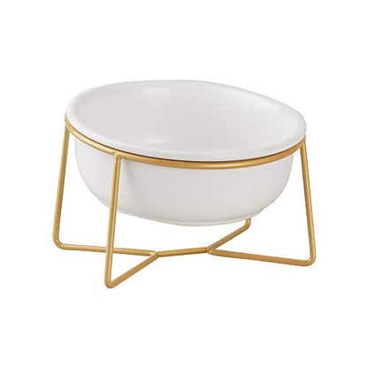 White Small Ceramic Tilted Elevated Cat Dog Bowl Raised Cat Food Water Bowl Dish Pet Comfort Feeding Bowls with Gold Iron Stand - color: White, size: Small