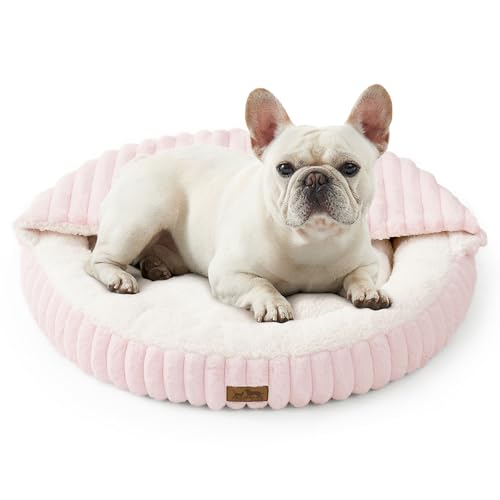Small Dog Bed with Hooded Blanket, Round Fluffy Anti-Anxiety Pet Bed for Small Dogs & Medium Dogs, Cozy Donut Cuddler with Machine Washable Faux Fur & Anti-Slip Bottom(26"×26"×7",Pink) - color: Pink, size: 26"×26"×7"