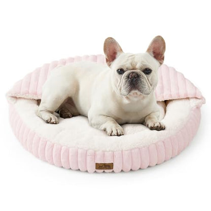 Small Dog Bed with Hooded Blanket, Round Fluffy Anti-Anxiety Pet Bed for Small Dogs & Medium Dogs, Cozy Donut Cuddler with Machine Washable Faux Fur & Anti-Slip Bottom(26"×26"×7",Pink) - color: Pink, size: 26"×26"×7"