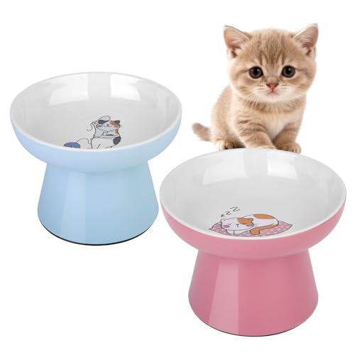 Elevated Cat Food Bowls 2 Pack,Ceramic Raised Cat Bowls with Non-Slip Base,Whisker Friendly Shallow Design for Dry & Wet Food,Anti-Vomiting Cat Feeder,Dishwasher & Microwave Safe (Pink&Blue) - color: Pink&Blue