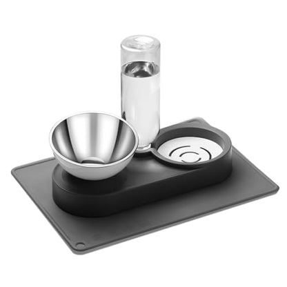 2-in-1 Dog Bowl, Elevated Cat Food and Water Bowl with No-Spill Mat, 15° Tilt Stainless Steel Dish + 500ml Leak-Proof Bottle, Easy Clean Design (Dry/Wet Food & Water)