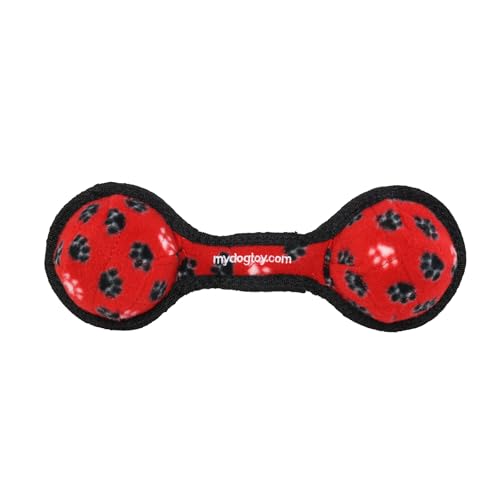 TUFFY- World's Tuffest Soft Dog Toy- Tug O War -Squeakers - Multiple Layers. Made Durable, Strong & Tough.(Tug,Toss & Fetch).Machine Washable & Floats (2Ball Tug Red Paw, Jr) - color: 2Ball Tug Red Paw, size: Jr