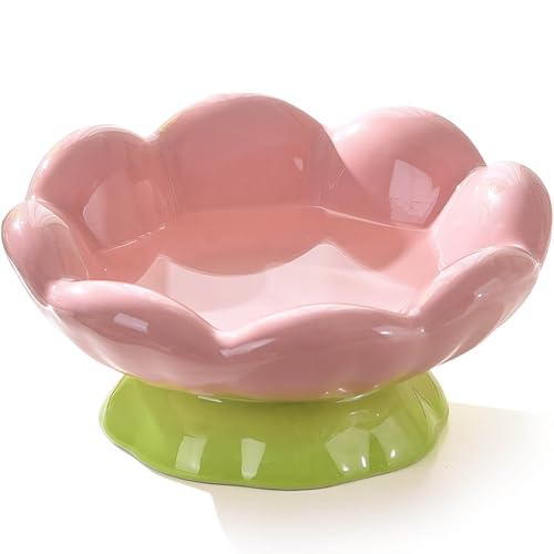 Ceramic Raised Cat Bowl, Shallow Wide, Anti-Vomiting and Whisker Fatigue, Non-Slip, Tilted Cute Flower Cat Food and Water Bowls for Indoor Cats or Small Dogs, Pink - size: Shallow Bowl