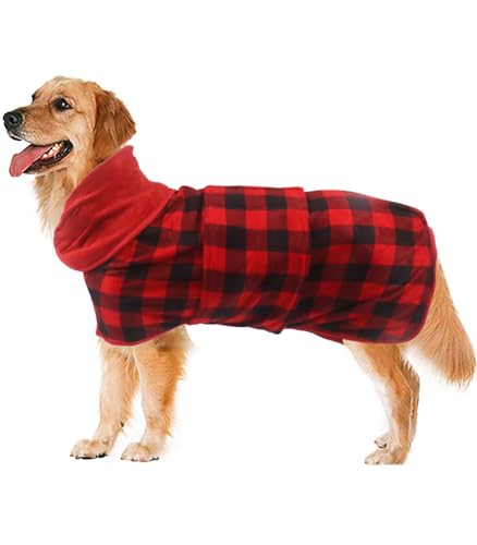 Geyecete Dog Drying Coat - Fast Drying Dog Bathrobe Towel - Microfibre Super Absorbent Pet Cat Bath Robe - Red Black Grid-S - color: Red Black Grid, size: Small