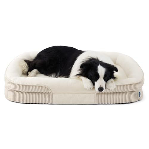 Bedsure XL Orthopedic Dog Beds Large Sized Dog - 360° Oval Bolster Large Dogs Bed for Senior Dogs with Waterproof Washable Cover, Extra Large Comfort Pet Sofa Couch with Ultra-Soft Fleece, Beige, 42" - color: Beige, size: 42"lx30"wx7"th