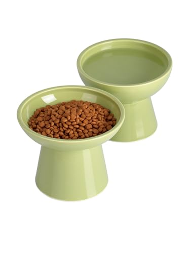 LoeJan Elevated Cat Food and Water Bowls Set, Extra Wide and Raised Ceramic Feeder, Anti-Vomit Whisker-Free Pressure Feeding Bowl for Kittens Adult Cats Small Dogs (Green, Bowl Set) - color: Green, size: 2 Pack (Food & Water Bowls)