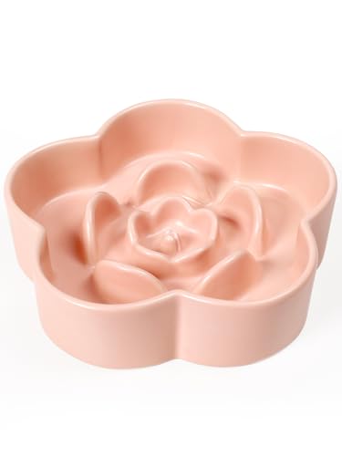 Ceramic Slow Feeder Dog Bowl, Anti-Choking Slow Food Bowls, 8" 11.3oz Slow Feeder for Medium, Large Breeds, Plum Puzzle Design, Non-Slip Silicone, Dishwasher and Microwave Safe, Pink - color: Pink