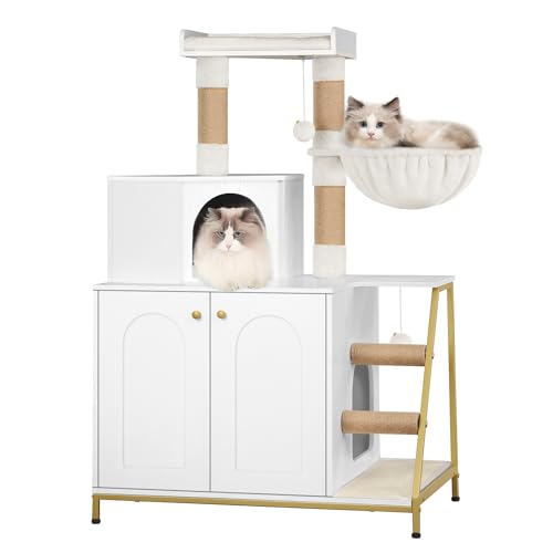Hzuaneri Cat Litter Box Enclosure with Cat Tree, 4-in-1 Modern Cats House with Large Platform, Cats Condo with Sisal Scratching Mat, Posts, Stairs and Pompom, Washable Cushions, White Gold CB81013A - color: White and Gold