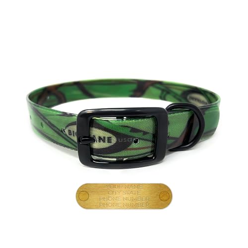 Regal Dog Products Small Green Camo Hunting Dog Collar with Custom Engraved Name Plate and Heavy Duty Black Hardware | Waterproof Personalized Dog Collars | Other Sizes for Small, Medium & Large - size: Small, style: Green Camouflage