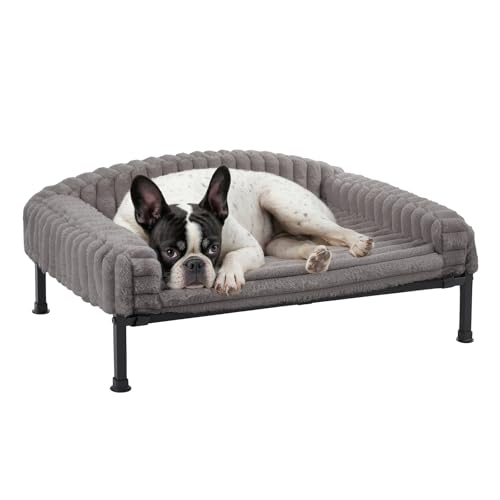 Veehoo Elevated Dog Bed with Bolster Cushion, Fluffy Plush Dog Couch Beds for Small Dogs, Cats, Washable Raised Pet Cot with Non-Slip Feet for Indoor or Patios Use, 24 x 18 Inches, Grey - color: Grey, size: 24.0"L x 18.0"W x 8.3"Th