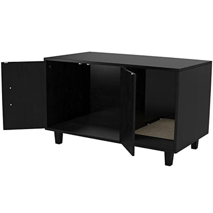 GDLF Modern Wood Pet Crate Cat Washroom Hidden Litter Box Enclosure Furniture House as Table Nightstand with Scratch Pad,Stackable (Black) - color: Black