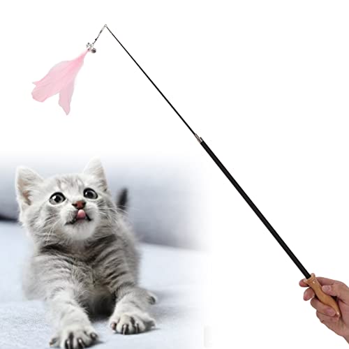 Retractable Cat Teaser Wand, 38.8in Telescopic Feather Toy with Carbon Fiber Rod and Bell for Indoor Kittens (Pink) - color: Pink