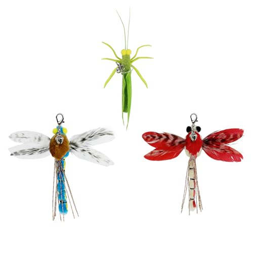 TTcat Cat Feather Toys, 3 Pcs Simulation Insects Dragonfly Grasshopper Refills, Cat Toys Replacement Feathers for Cat Kitten Wand. - color: 3Pcs (Dragonflys+Grasshopper)