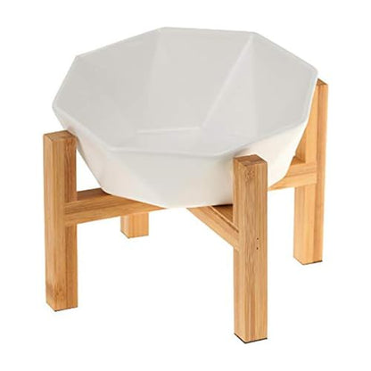 Ceramic Tilted Raised Cat Bowl - Elevated Food Bowl for Indoor Cats & Small Dogs - Shallow Wide Whisker-Friendly Design - Pet Dish Suitable for Feeding Dry, Wet, Treats & Canned Food - White - color: White with stand