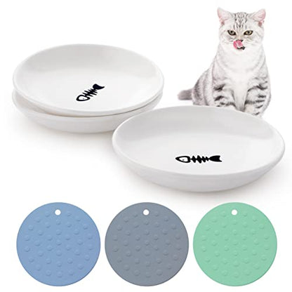 Ceramic Cat Food Plates for Wet Food, Wide Bowls to Stress Relief of Whisker Fatigue Cat Dishes, Shallow Bowls for Kittens and Small Animals with Non-Slip Mat